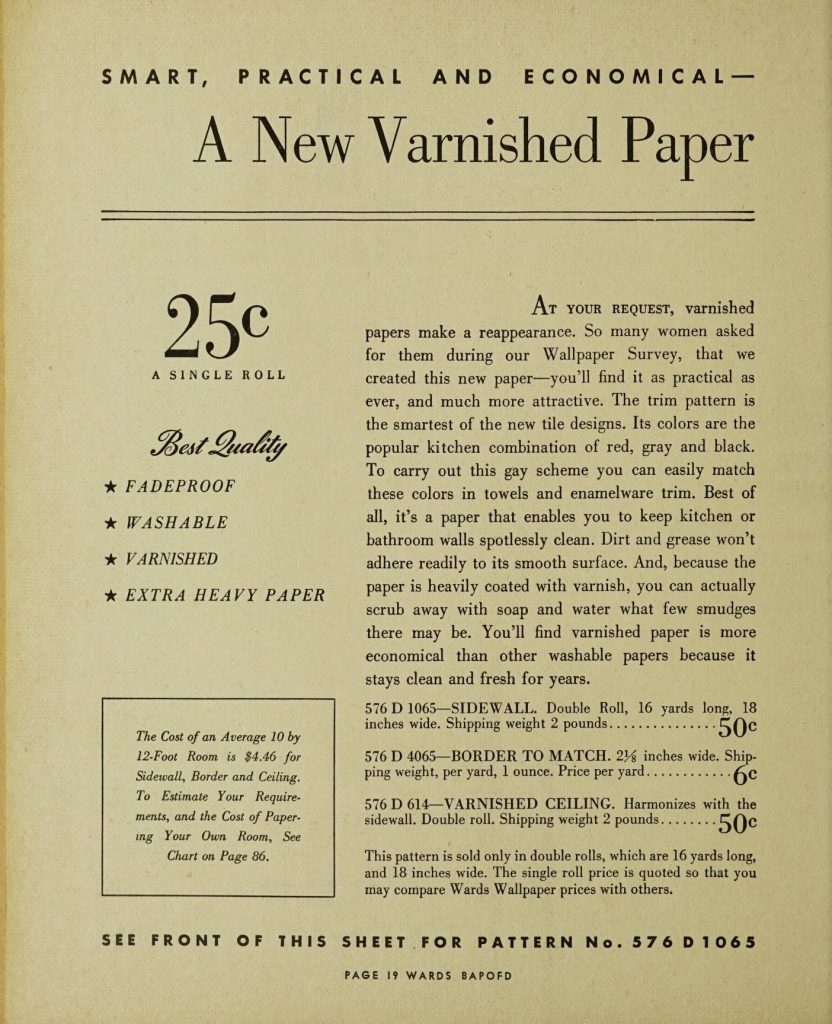 1940s Wallpaper-Varnished Wallpaper. Smart, Practical and Economical-A New Varnished Paper. The colours in this wallpaper are of the popular kitchen combination of red, gray and black.