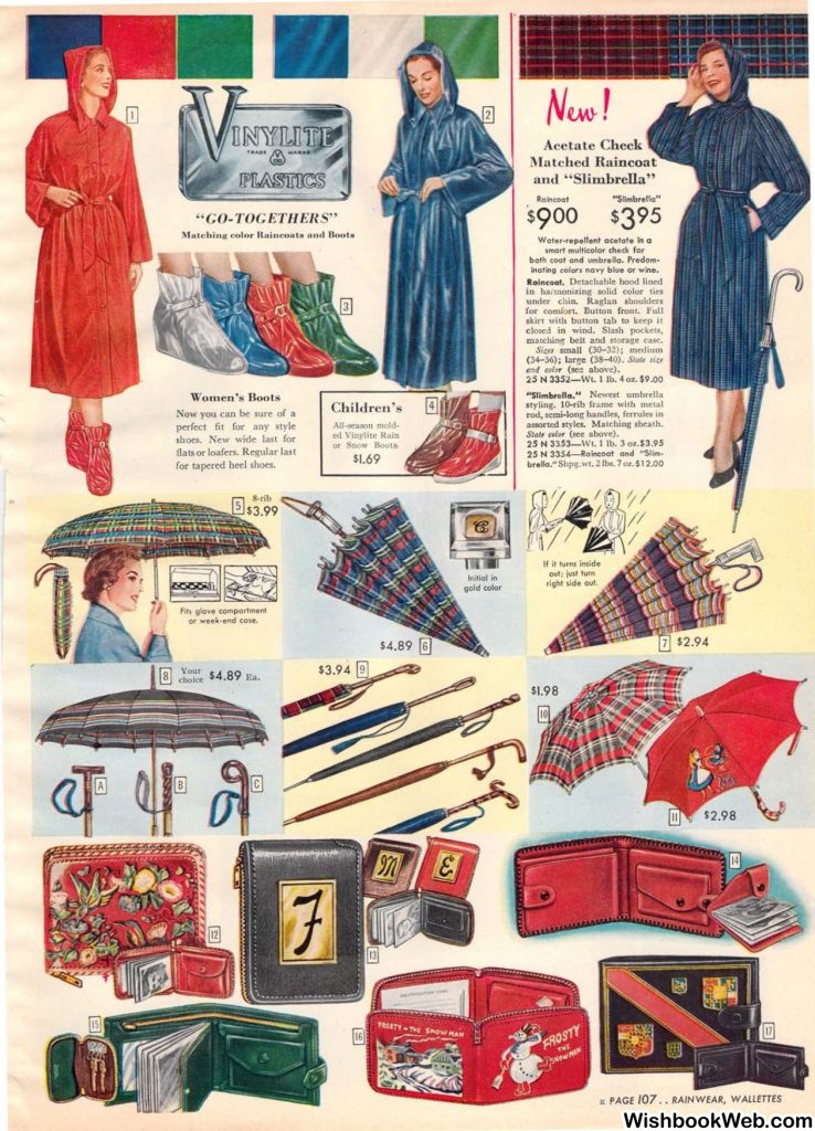 1950s raincoat and rain gear ideas as seen in a 1950s sears christmas catalog.