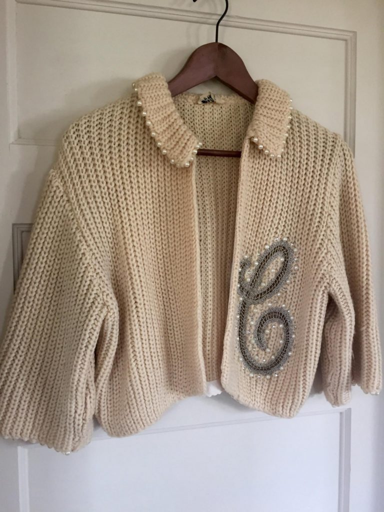 1950s vintage womens sweater/ cardiganwith an 8 inch monogrammed C on the left front outlined in pearls and rhinestones from Ethel of Beverly Hills