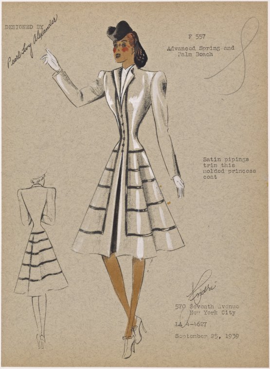 Vintage Fashion Sketch: Fitted coat with tiered satin piping on flared skirt.