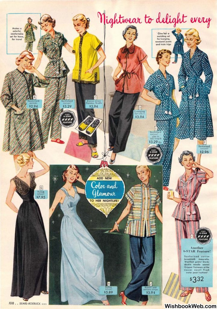 1950s Fashion Illustration: 1952 Sears Wish Book Christmas Catalog page featuring a slew of different Pajamas and Nightwear styles to chose from. 