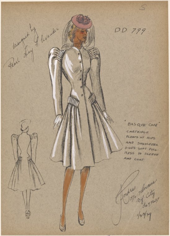 Vintage Fashion Sketch: womens 1930s vintage jacket fashion illustration from 1939 called the basque coat