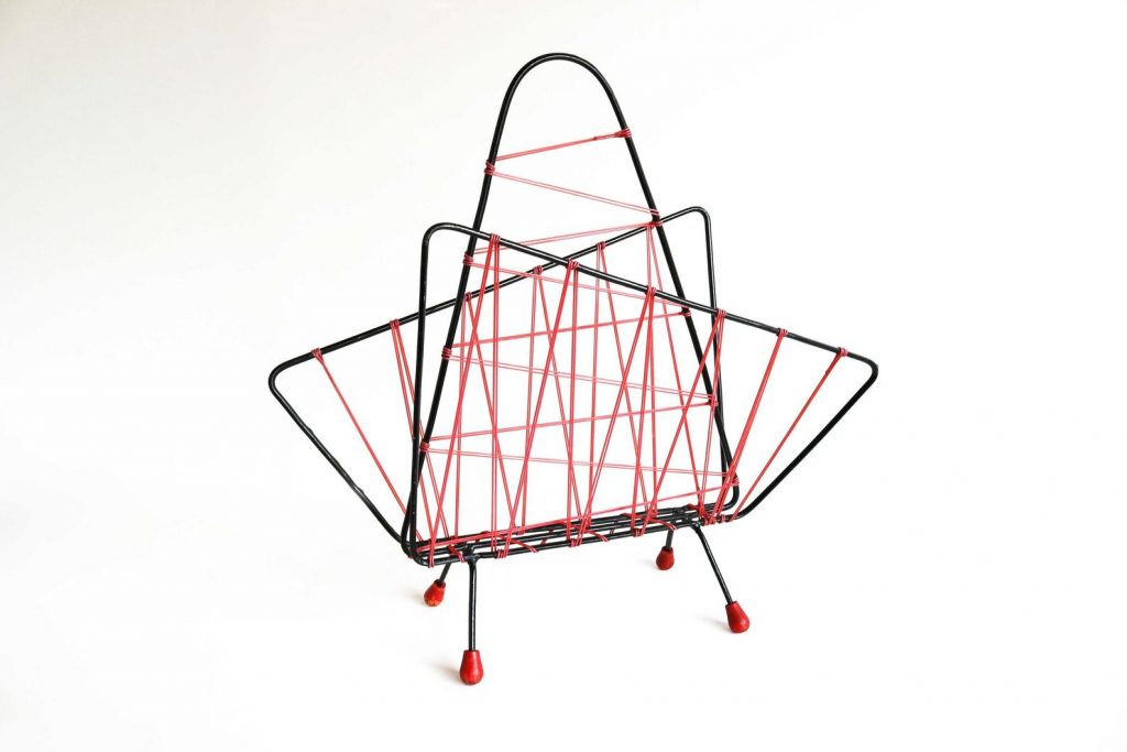 Mid century Retro Vintage plastic strings Magazine Rack Magazine Newspaper rack Magazine stand Design Black Metal wire 1960s