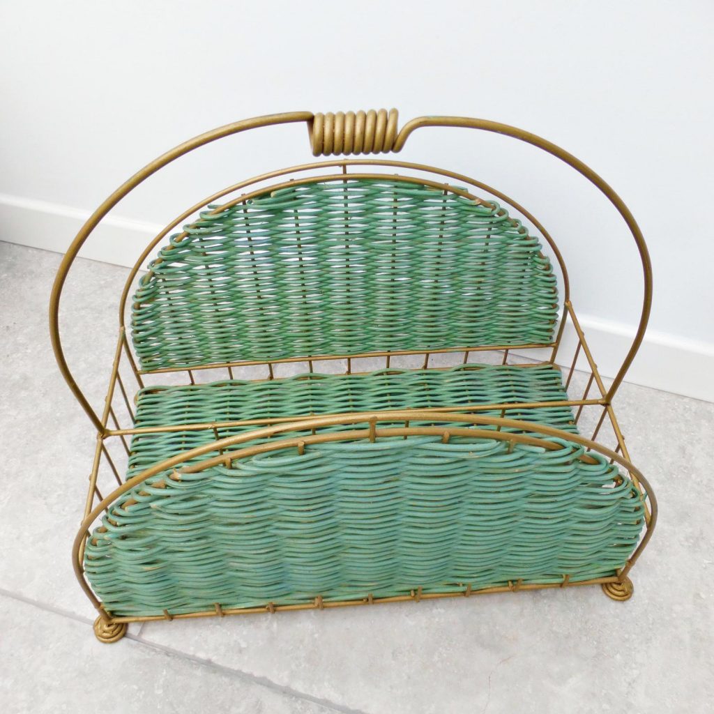 Metal 1950's Magazine Rack | Wicker Vintage Newspaper Rack | Green and Bronze Retro Rack