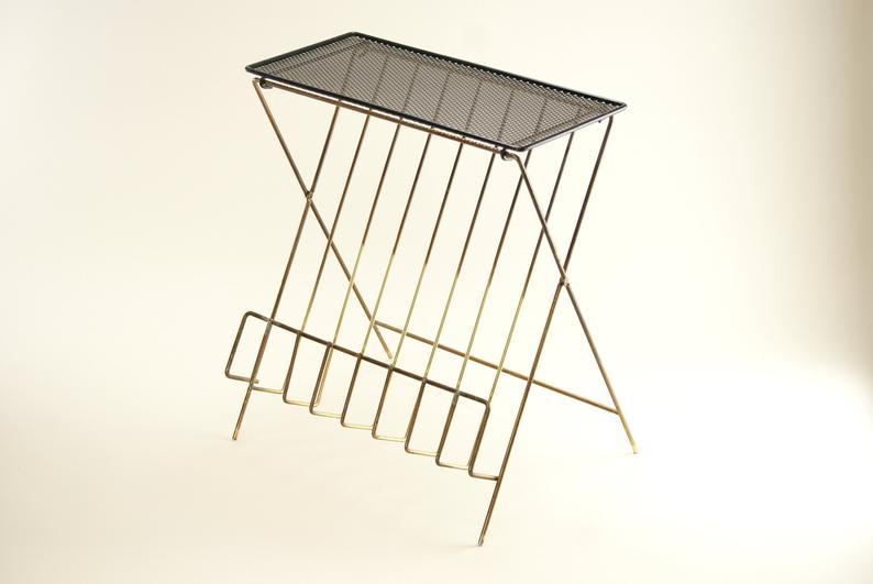 German MID CENTURY Magazine Rack with Wire Mesh Table Top