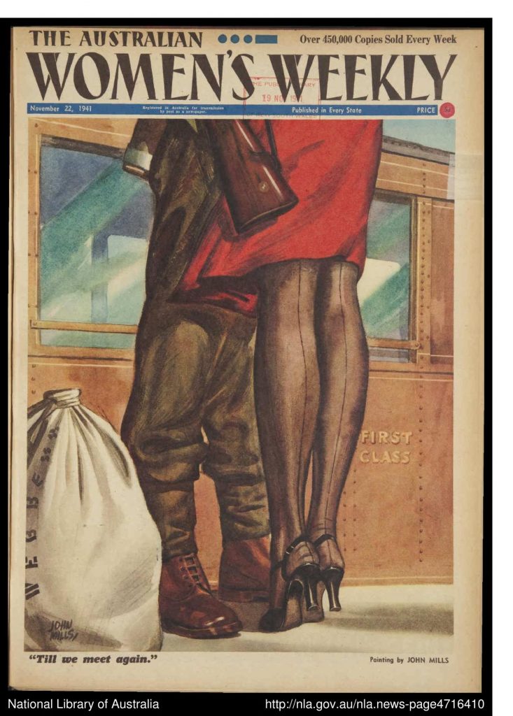 The Australian Women's Weekly 22-11-1941-Till we meet again. 1940s magazine cover featuring the legs of a man and woman in seamed stockings saying goodbye during WW2. 