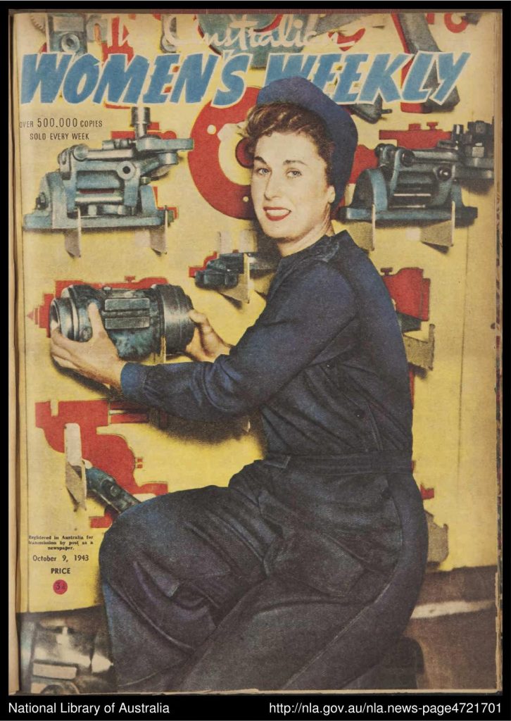 Australian Women's Weekly 09-10-1943. The cover features a woman in overalls working in factory during WW2 Australia