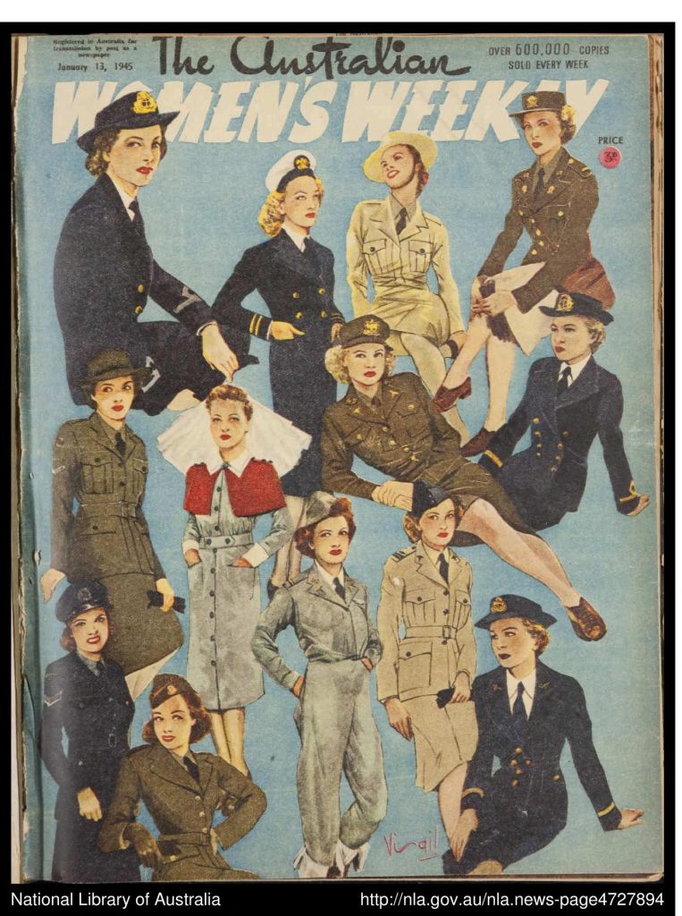 The Australian Women's Weekly 13-01-1945. Cover features women during WW2 in different service uniforms. 