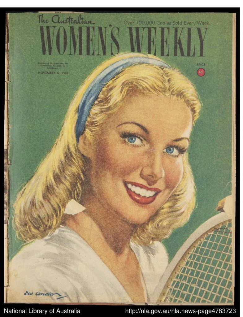 The Australian Women's Weekly 06-11-1948 featuring a pretty blonde woman playing tennis