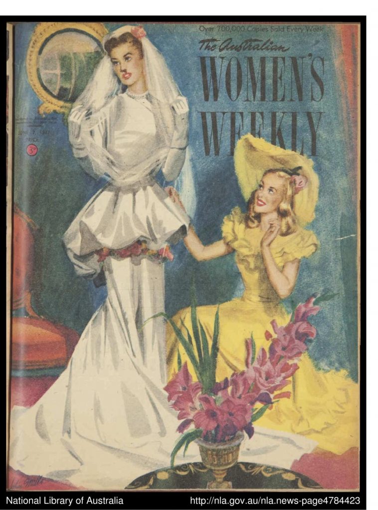 The Australian Women's Weekly 07-06-1947. June is for weddings! What a stunner of a wedding dress and our bridesmaid featured is not looking so bad either (love the yellow). 