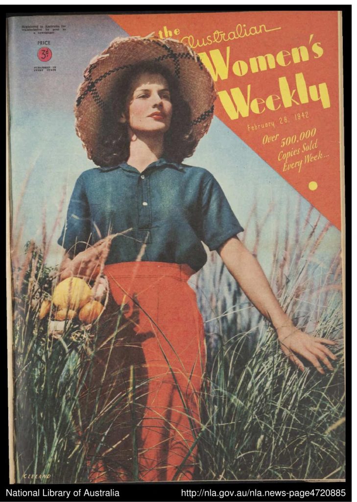 The Australian Women's Weekly 28-02-1942 featuring a pretty 1940s woman in 1940s fashions in a field. 