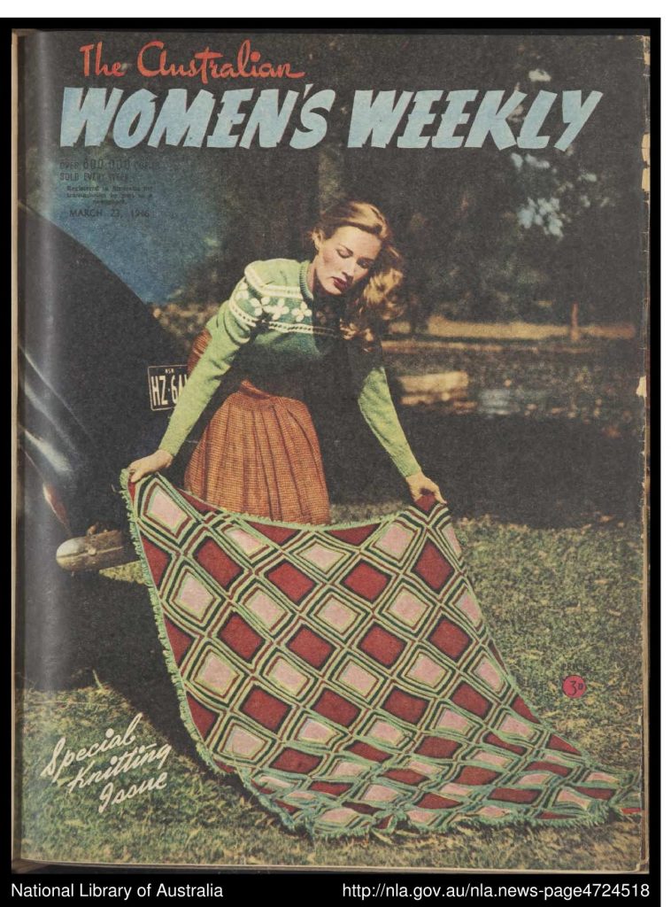 The Australian Women's Weekly 23-03-1946 was a special knitting issue. Featuring a woman a 1940s knitted sweater and skirt laying out a knitted blanket.