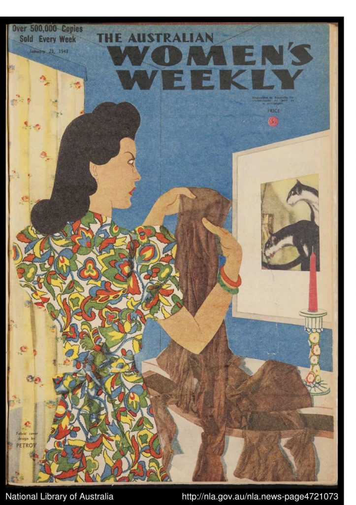 The Australian Women's Weekly 23-01-1943. Cover illustration features a woman being upset to give up her stockings for the war during WW2