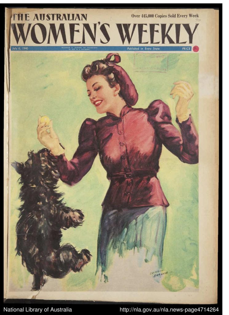 1940s Australian Women's weekly magazine cover featuring a woman playing with her scotty dog in 1940s fashions and 1940s hairstyle