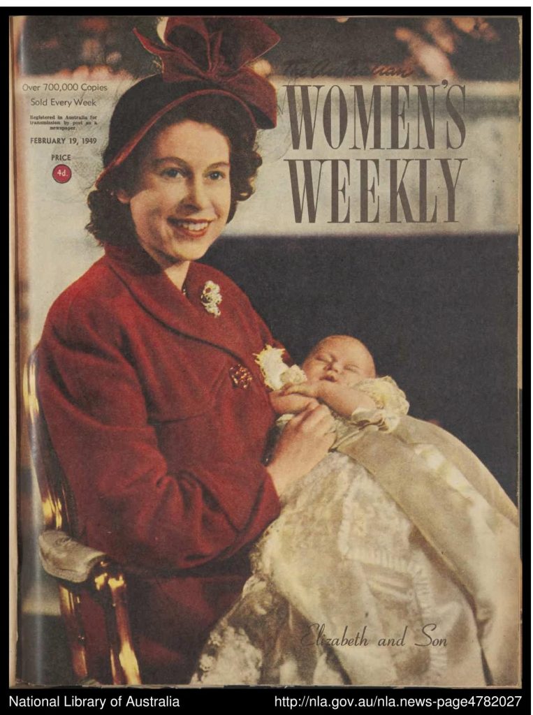 The_Australian_Womens_Weekly_19_02_1949 magazine cover featuring Queen Elizabeth and her new baby son, Prince Charles