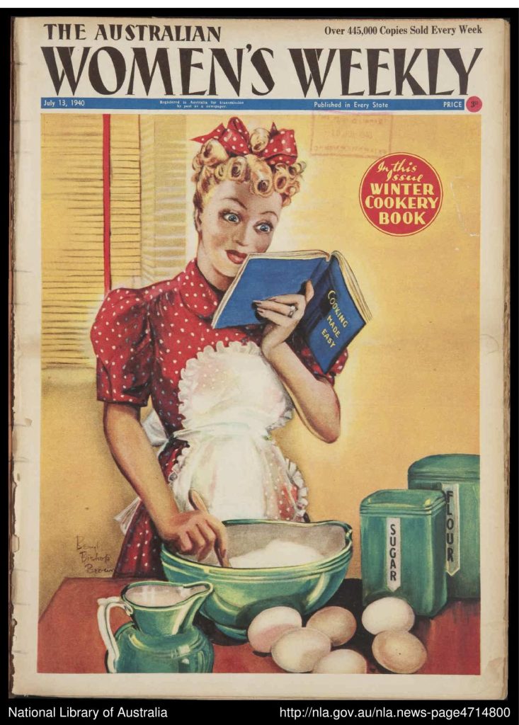 The Australian Women's Weekly 13-07-1940 featuring the Winter Cookery Book. How cute is our 1940s housewife with her curls and red and white polka dot bow that matches her dress? 