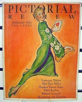 February 1933 Pictorial Review Magazine Cover features a woman in a pretty green dress holding her Valentines Day card. 