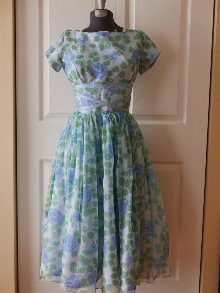 1950s Jonathan Logan, gathered floral chiffon skirt over blue bias (circle) skirt cocktail dress