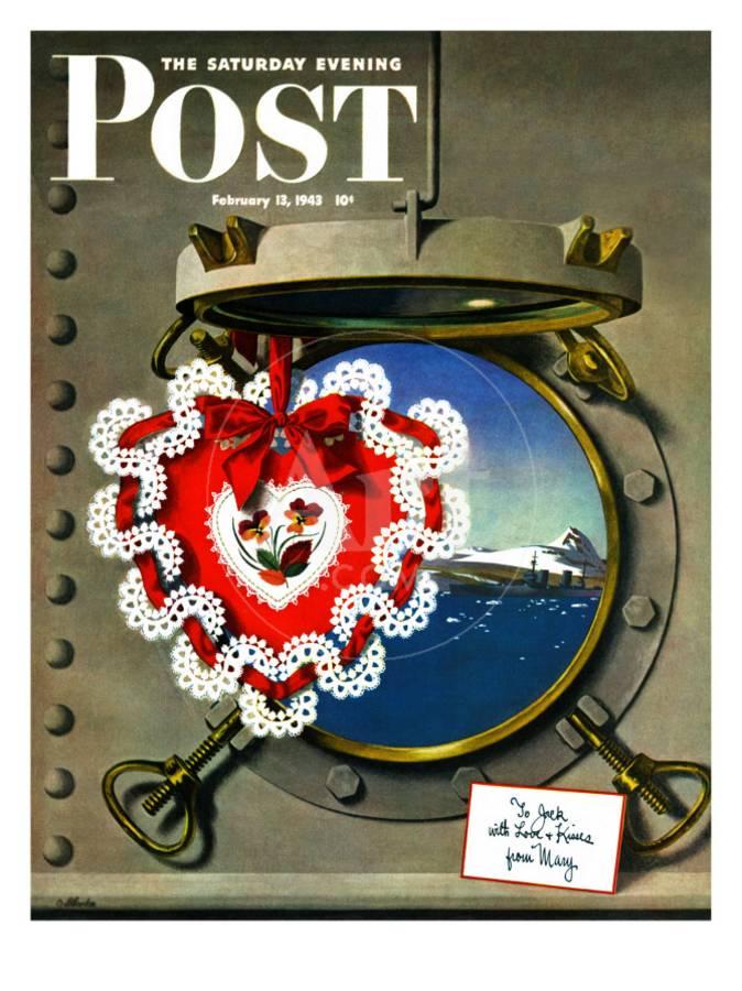 1940s vintage magazine cover: "Valentine's Day at Sea," Saturday Evening Post Cover, February 13, 1943