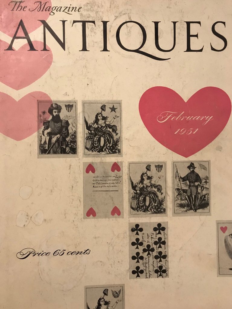 The Magazine Antiques February 1951. This 80-page issue includes articles on antique playing cards, Bermuda cedar furniture, the home of Charles Henry Fallass in Cross River, New York, American glassware and pottery, antiques of childhood, continental table pewter, as well as vintage advertising, and much, much more