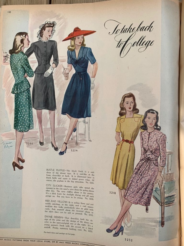 1940s Fashion Illustration of young womens college fashions 1943