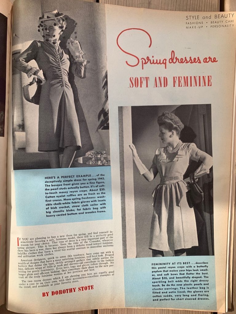 1940s vintage fashion-Women's spring dresses in 1943 are soft and feminine as seen in a McCall's 1943 April Vintage Magazine. 