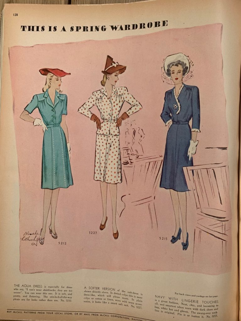 1940s Womens Fashion as see in 1943 featuring women's fashion illustration for 3 dresses. 