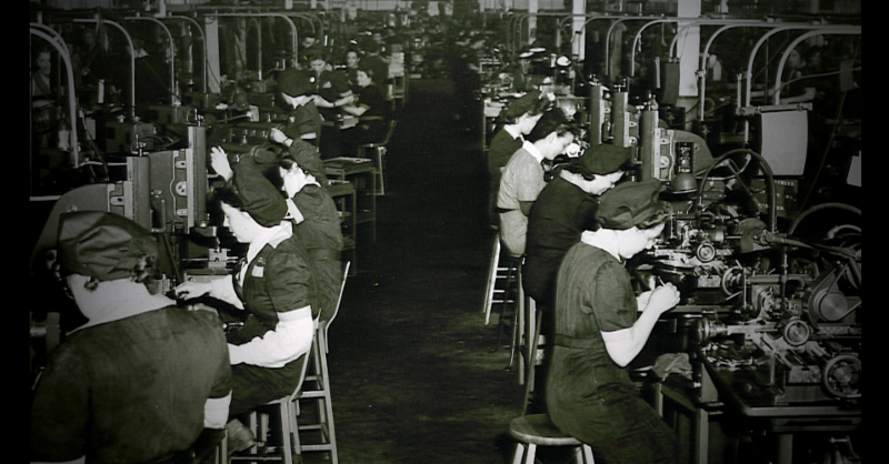 Vintage Photo: 1940s Photo of women working on the homefront in a factory in mississauga at the small arms building making small guns. 