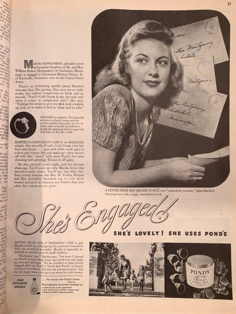 1940s Vitnage ad for Ponds Cream featuring a pretty 1940s Woman as seen in a McCall's April 1943 Vintage Magazine