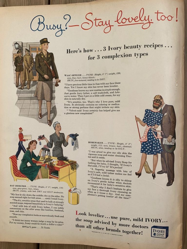 1940s vintage ad on the back of the magazine is for Ivory soap and features 3 women in 1940s fashions 