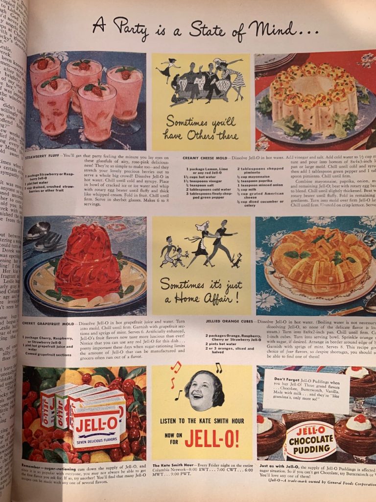 1940s vintage ad for Jello desserts for your next party or for staying home. 