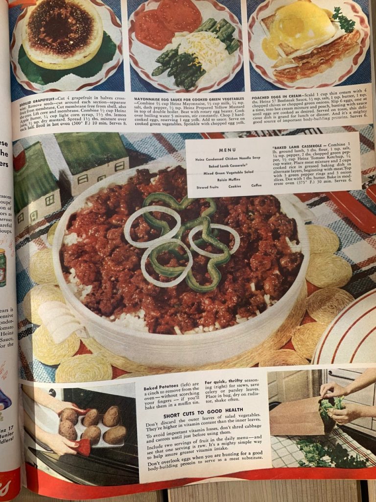 1940s vintage ad for Heniz 57 featuring many different recipes and food ideas for the hardworking woman on the homefront. 