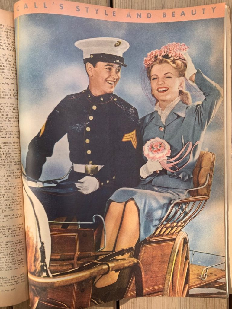 1940s fashion as seen in a McCall's 1940s vintage magazine featuring a young woman and soldier together in the photo