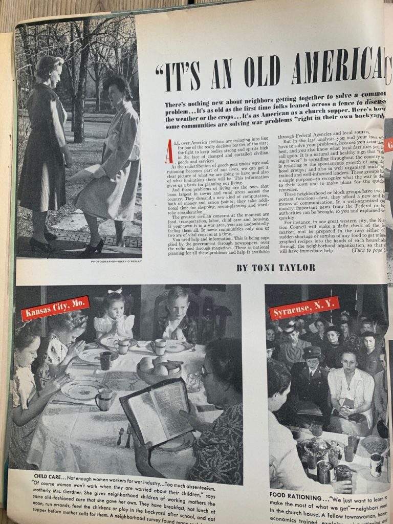 1940s vintage article from a McCalls April 1943 magazine. 2 page spread is called 'It's An Old American Custom...." and talks about how neighours are solving war problems right in their own backyards. 