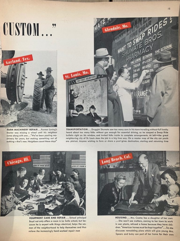 1940s vintage article from a McCalls April 1943 magazine. 2 page spread is called 'It's An Old American Custom...." and talks about how neighours are solving war problems right in their own backyards. 