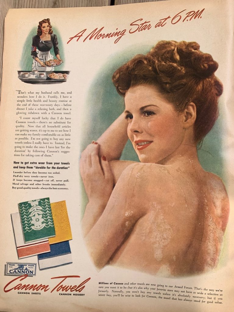 1940s vintage advertisement for Cannon Towels from a McCall's April 1943 magazine. 