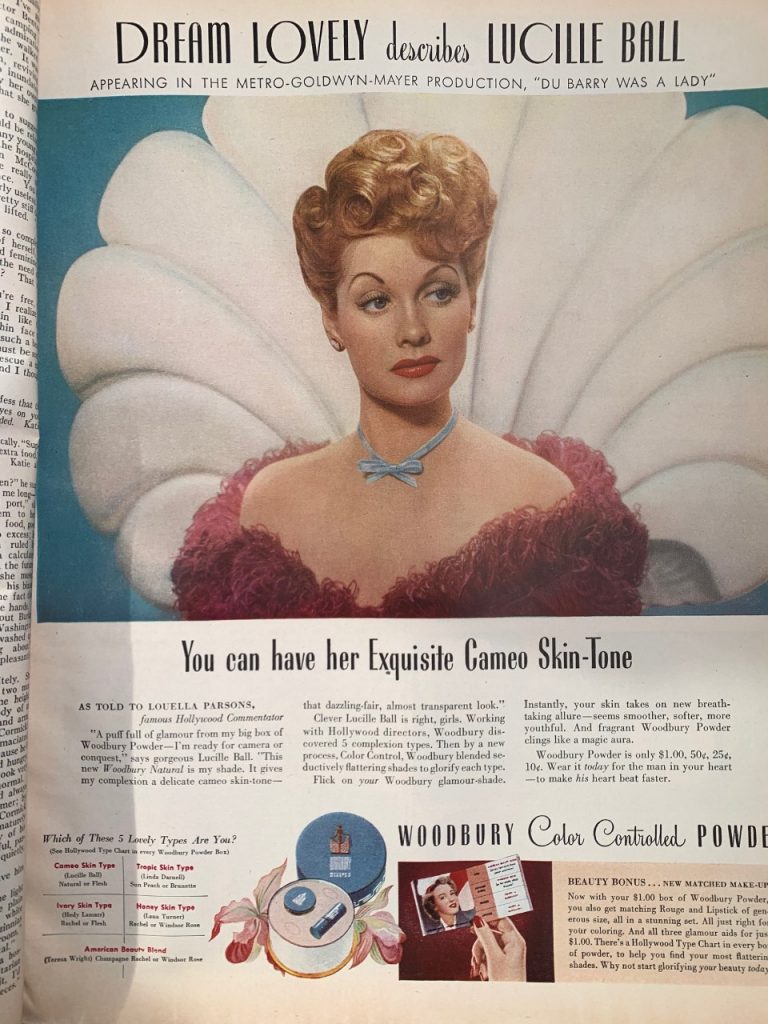 1940s Vintage Advertisement for 'Woodbury Color Controlled Powder' featuring Lucille Ball who is appearing in 'Du Barry was a Lady' on the big screen. 