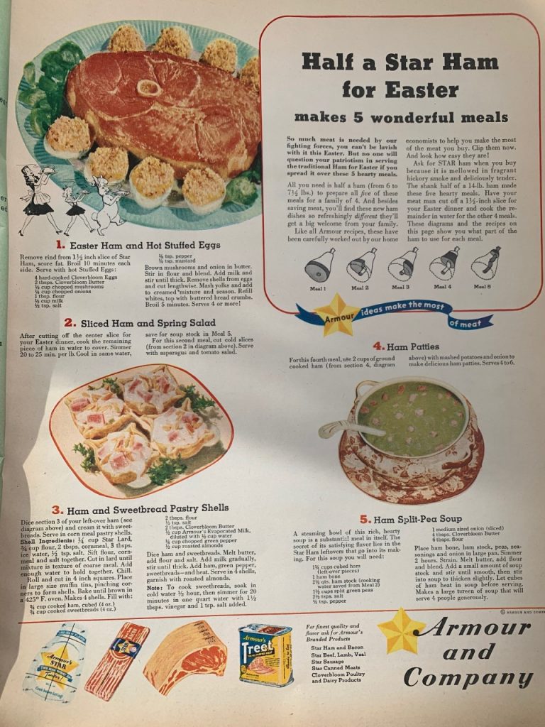 1940s Vintage Easter Meal Idea Vintage Ad from Armour and Company from a McCall's Vintage Magazine April 1943.