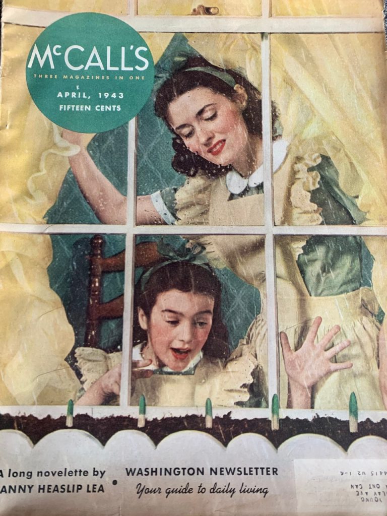 McCall's April 1943 Vintage Magazine cover featuring a mother and her daughter in matching 1940s outfits watching the plants grow