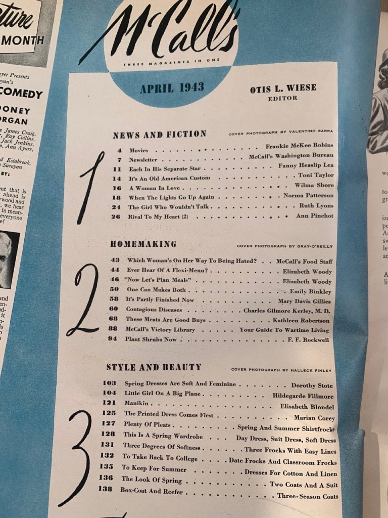 Table of contents for the McCalls Vintage Magazine from April 1943