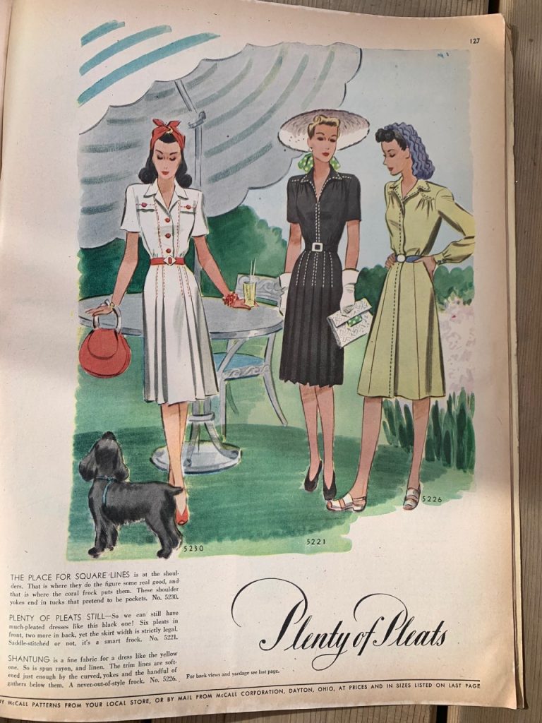 1940s Womens Fashion Illustration featuring 1943 fashion-Pleats on women's dresses