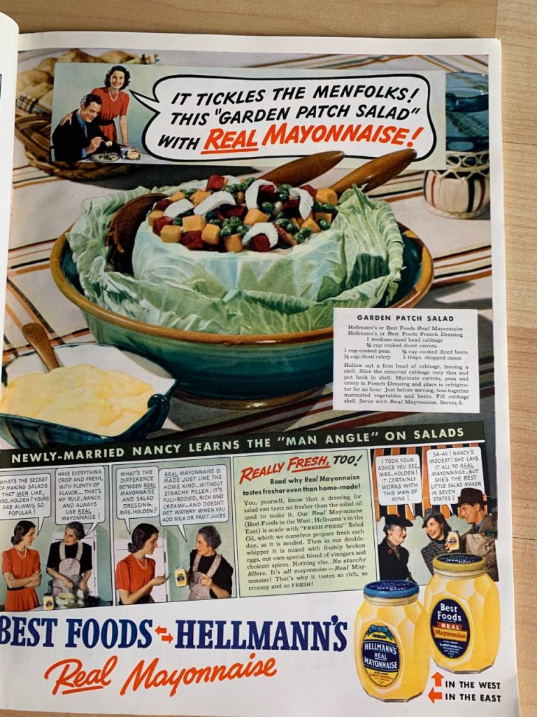 1930s Vintage Food Ad (1939) for Hellmann's Mayonnaise featuring a vintage salad recipe and an illustration on how to be a good housewife. 