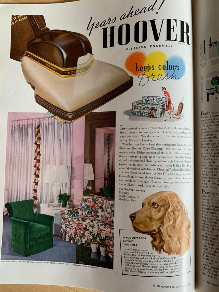 1930s Vintage Ad for Hoover Vacuum featuring a dog and a 1939 Living Room