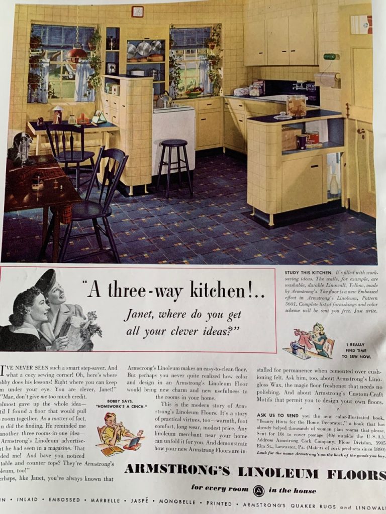 More Linoleum flooring advertising (from Armstrong) featuring a 3-way kitchen! Wow Cool! Sewing corner, study corner and the kitchen. Mom can keep an eye on you at all times! 