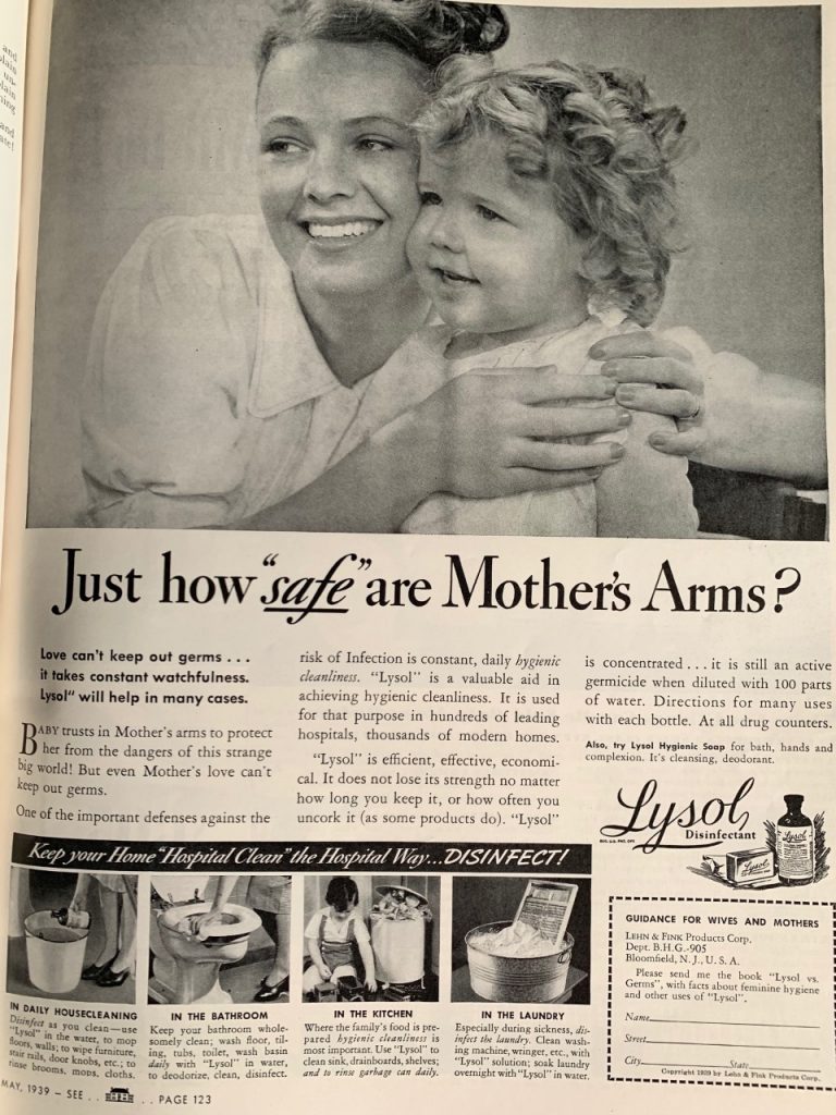 Vintage Lysol Disnfectant ad featuring a young mother holding her toddler. 1930s Vintage ad.