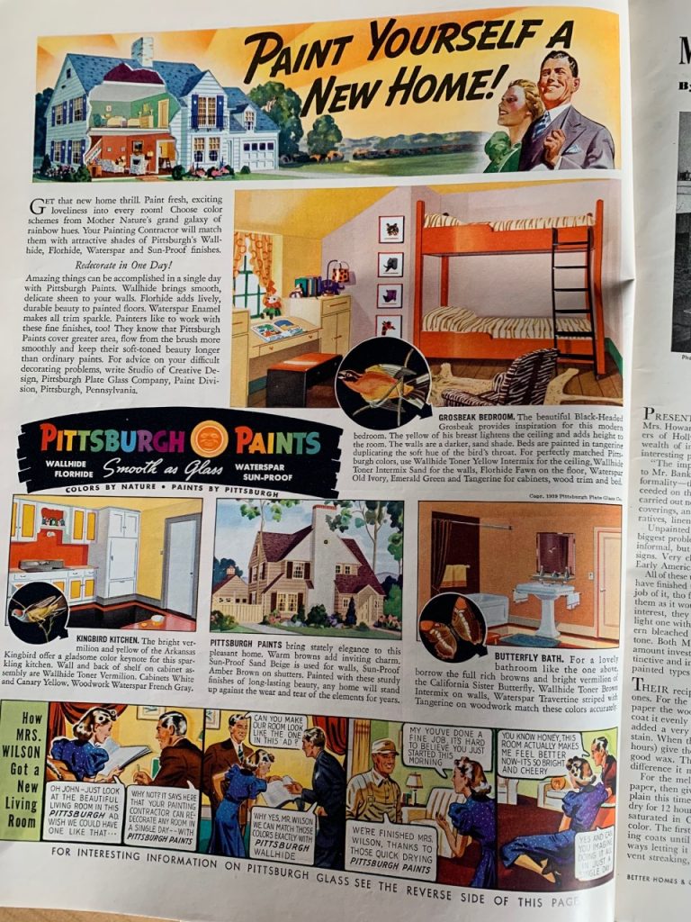 1930s vintage ad for Pittsburg Paints featuring a 1939 bedroom, bathroom kitchen and house illustration