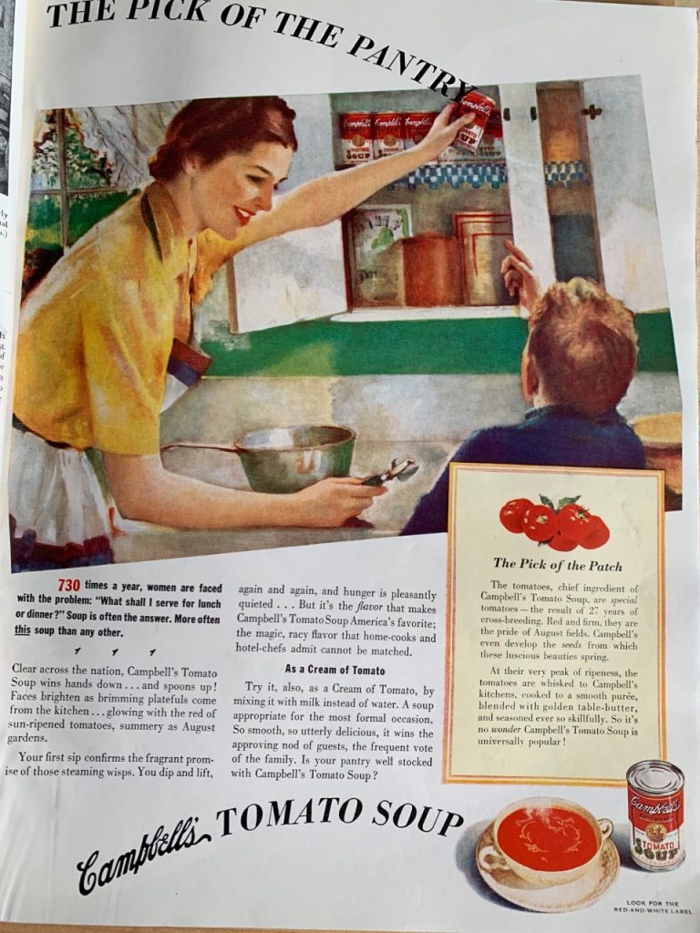 1930s Vintage Food Ad for Campbell's Tomato Soup fdaturing a mom and son in the kitchen.