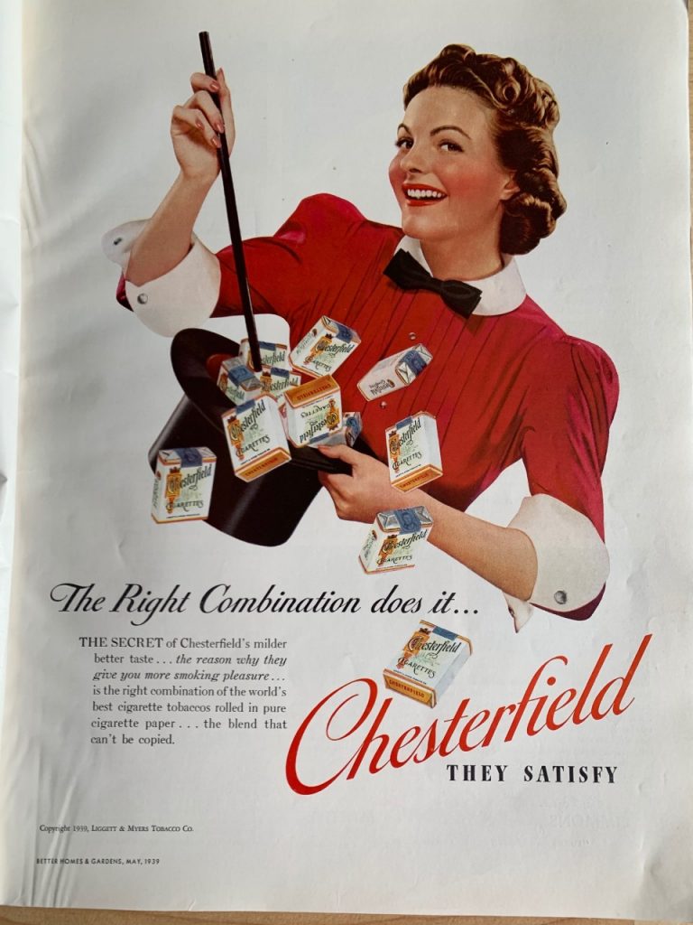 1930s Vintage Ad Illustraton for Chesterfield Cigarettes featuring a pretty 1930s woman with a top hat of smokes. 