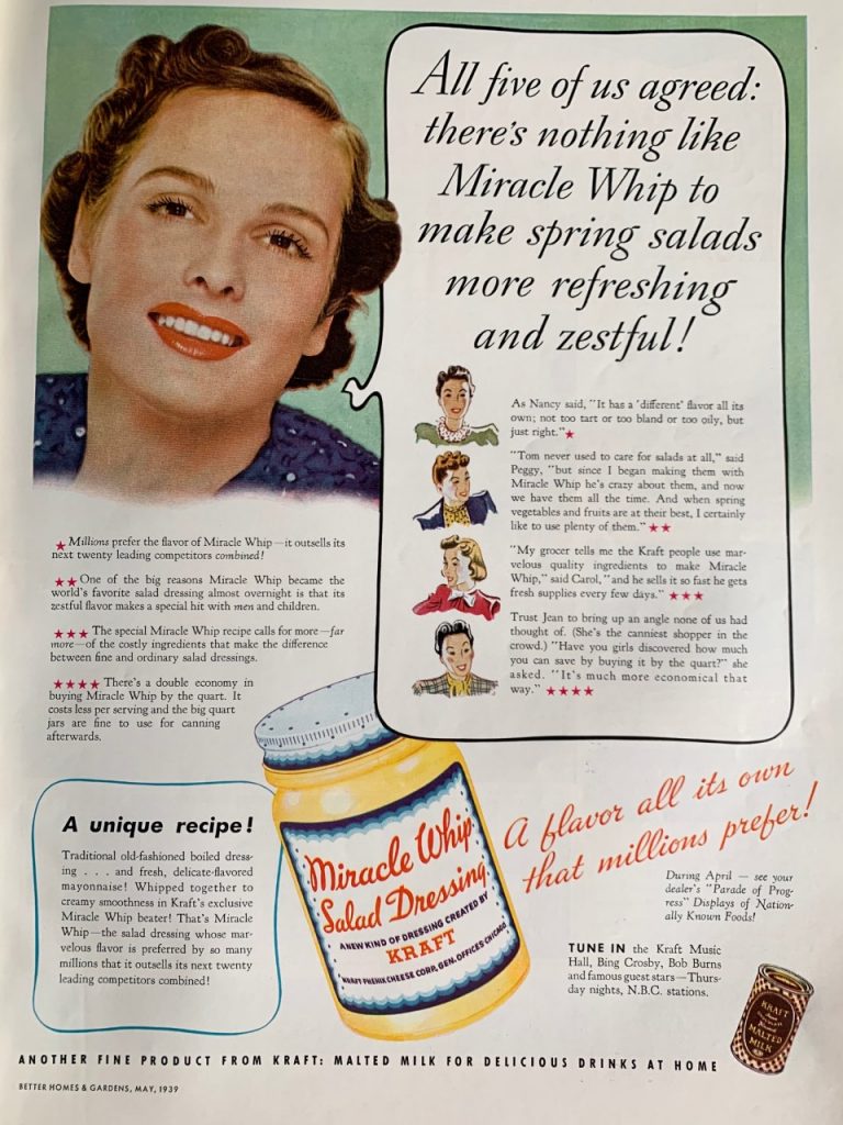 1930s vintage food ad for Miracle Whip Salad dRessing by Kraft. 