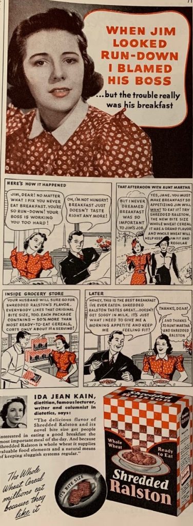 1930s vintage food ad for Shredded wheat called Ralston. Featuring a cartoon of a husband and a wife. 